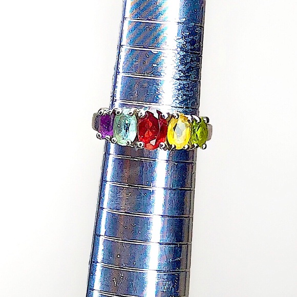 MULTI-GEMSTONE Sterling Silver Single Band Inlay Vintage Ring Sz 7 - Picture 17 of 17
